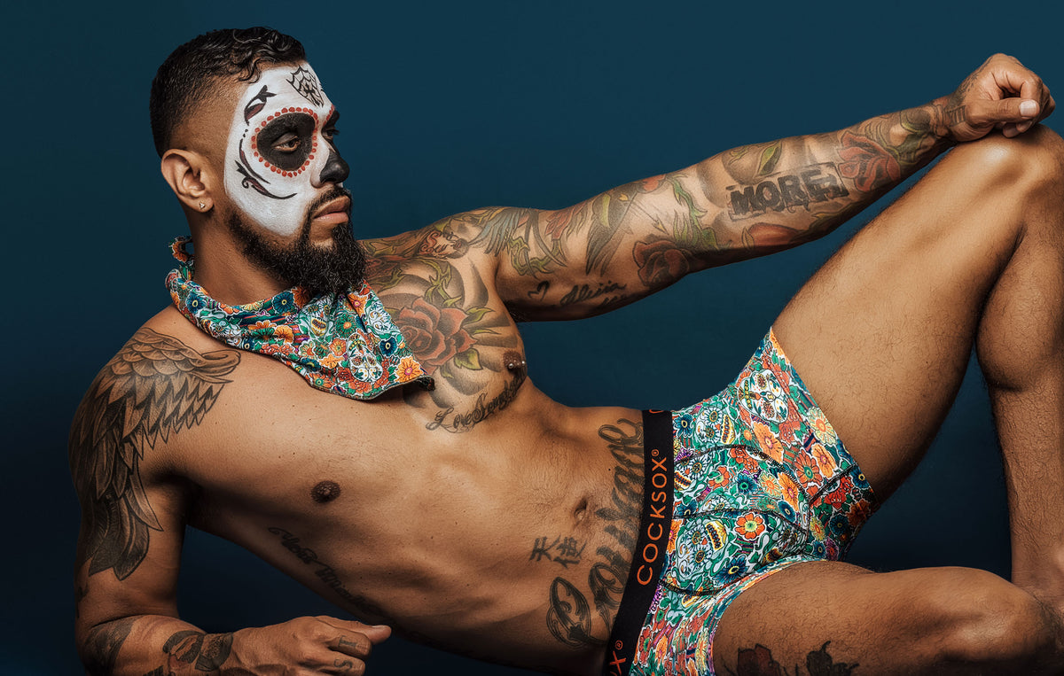 Lifestyle editorial image featuring CX12DD Cocksox Day of the Dead collection underwear boxer shorts