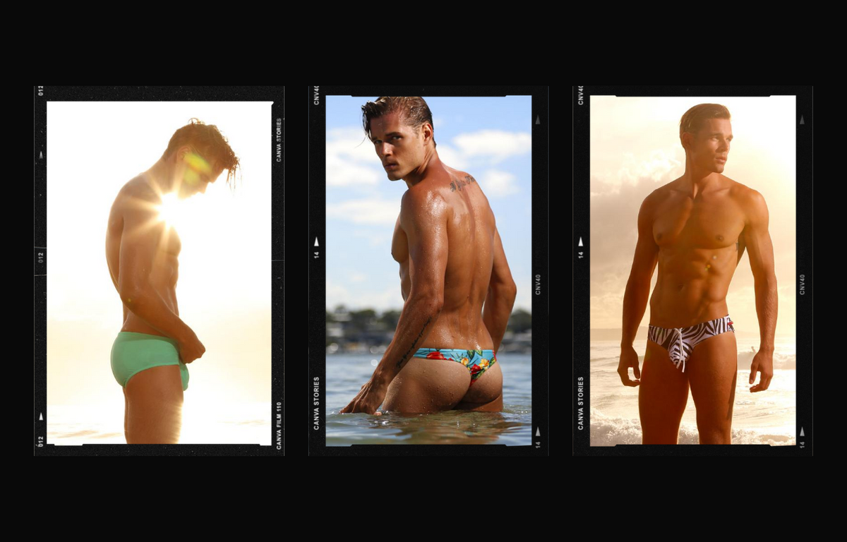 Collage of Cocksox mens swimwear briefs and thongs