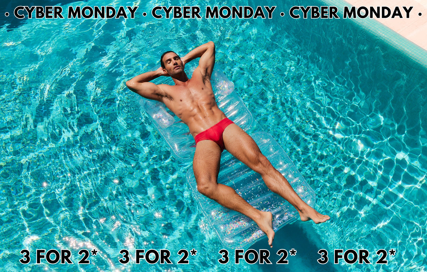 Cyber Monday Sale 2023 editorial image featuring Cocksox Men's swimwear CX79 Boy leg swim brief in Watermelon