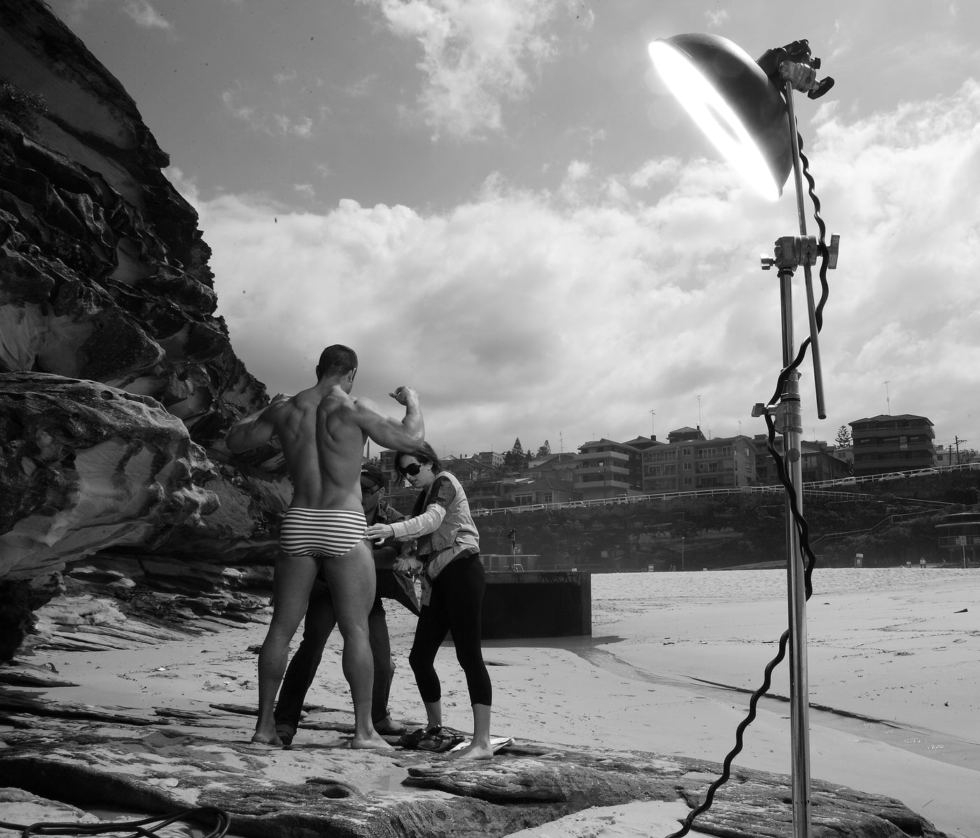 Cocksox behind the scenes image from swimwear photoshoot at Tamarama Beach in Sydney
